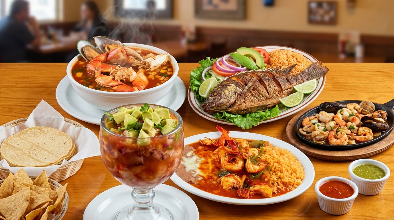 Mariscos Puerto Nuevo signature seafood platter in Seaside, CA
